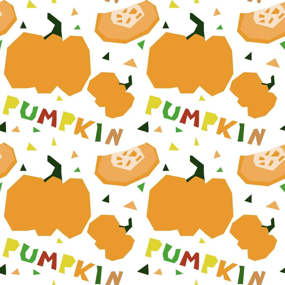 Seamless pattern in the form of a geometric pumpkin, hand-drawn, with an inscription. Vector illustration of vegetables in whole and in section. For wrapping paper, street festival, farmer's market