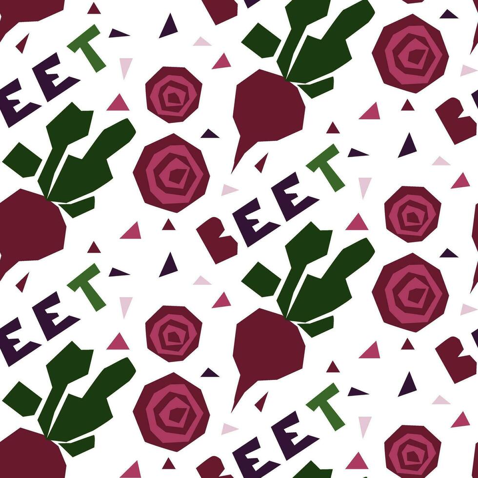 Seamless pattern in the form of a geometric beet, hand-drawn, with an inscription. Vector illustration of vegetables in whole and in section. For wrapping paper, street festival, farmer's market
