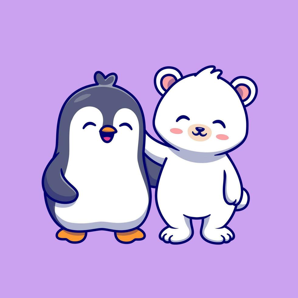 Cute Polar Bear With Penguin Cartoon Vector Icon  Illustration. Animal Nature Icon Concept Isolated Premium  Vector. Flat Cartoon Style