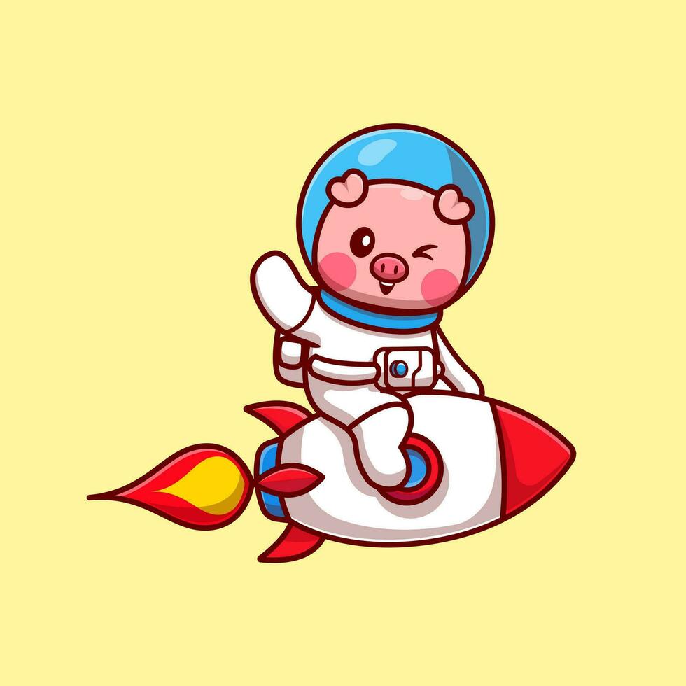 cortar cerdo astronauta montando cohete y ondulación mano dibujos animados vector icono ilustración. animal tecnología icono concepto aislado prima vector. plano dibujos animados estilo