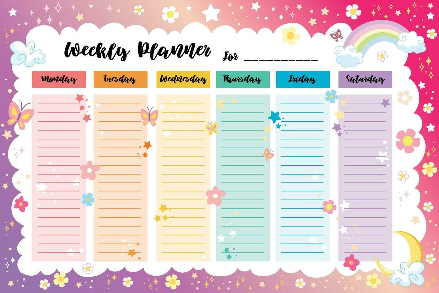 Printable cute rainbow weekly planner vector