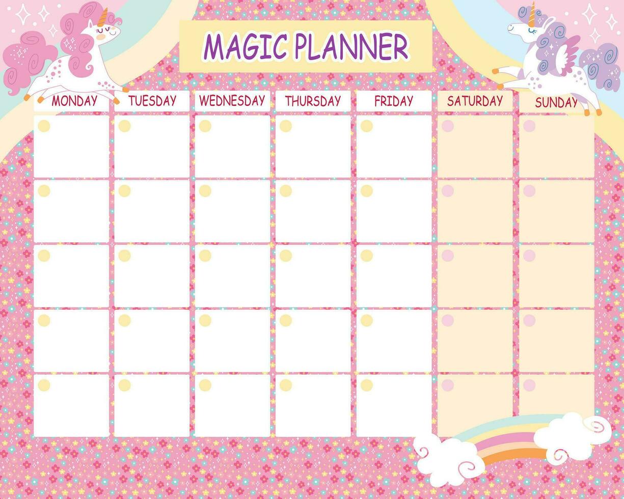 Printable cute magic unicorn weekly planner vector