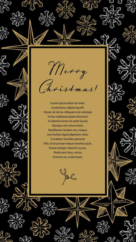 Merry Christmas and Happy New Year vertical greeting card with hand drawn golden five pointed stars and snowflakes. Vector illustration in sketch style. Social media stories template