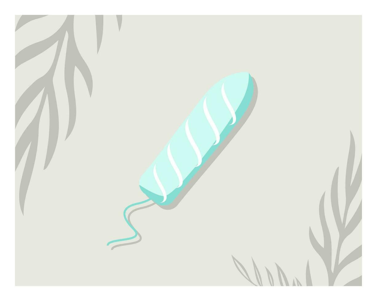 Feminine hygiene illustration of a tampon with shadow leaves in the background. Vector presentation of a collection for textile, medicine, poster, background, book, web, design, social media, pattern.