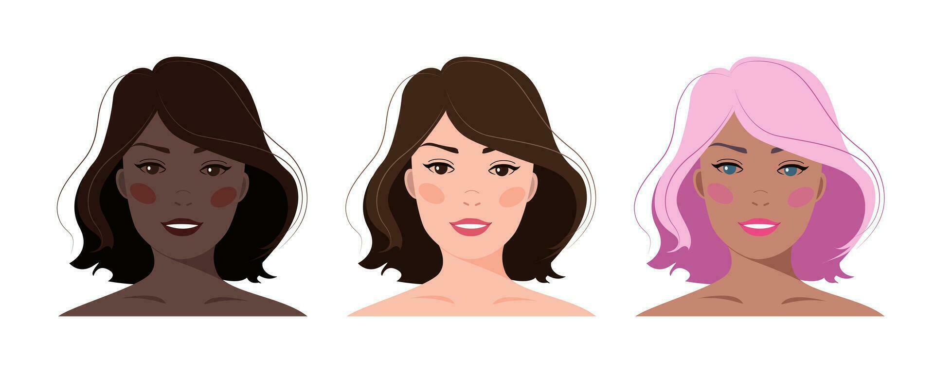 Set of portraits of women with short middle bob cut. Diversity of colors. Vector illustration. Avatar for a social network. Vector flat illustration, web, design, beauty, make up and social media.