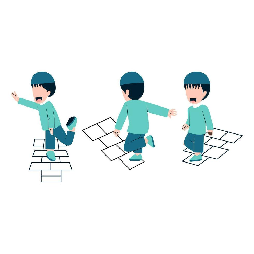 Set Of Muslim Boy Playing Hopscotch vector