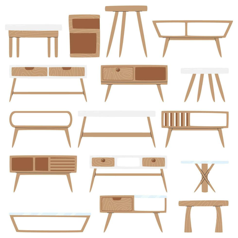 Different wooden coffee table designs. Living room furniture set. Mid-century modern style minimalist tables. Compact home decor. Cozy interior objects hand drawn flat vector illustration isolated