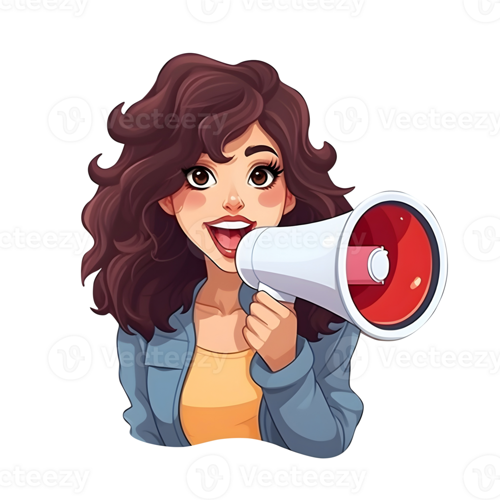 Hands holding smartphone with a girl shouting in loud speaker. Influencer marketing, social media or network promotion. AI Generative. png