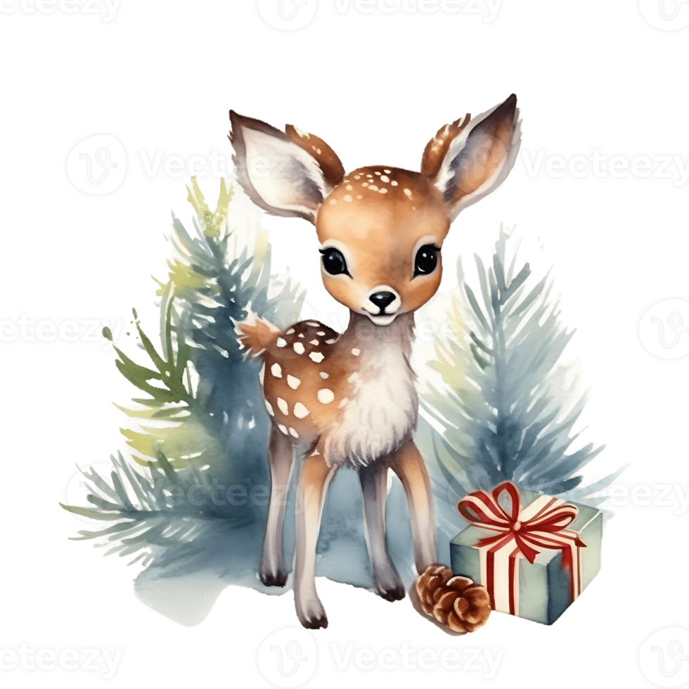 Watercolor illustration with cute baby deer, isolated on transperent background. AI Generative. png