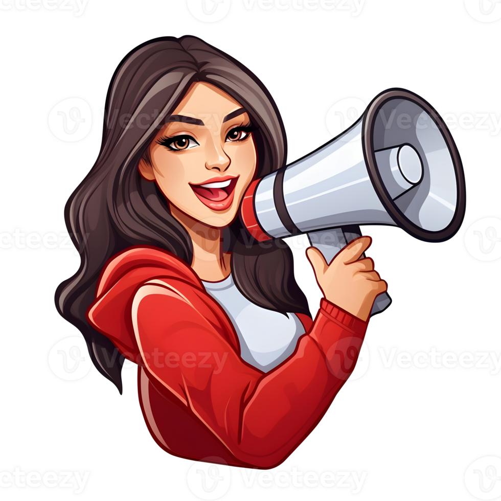 Hands holding smartphone with a girl shouting in loud speaker. Influencer marketing, social media or network promotion. AI Generative. png