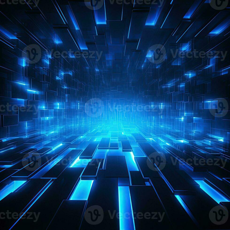 Abstract neon blue background, cyber space, parallel universe, lines, stripes, glow. AI generated photo