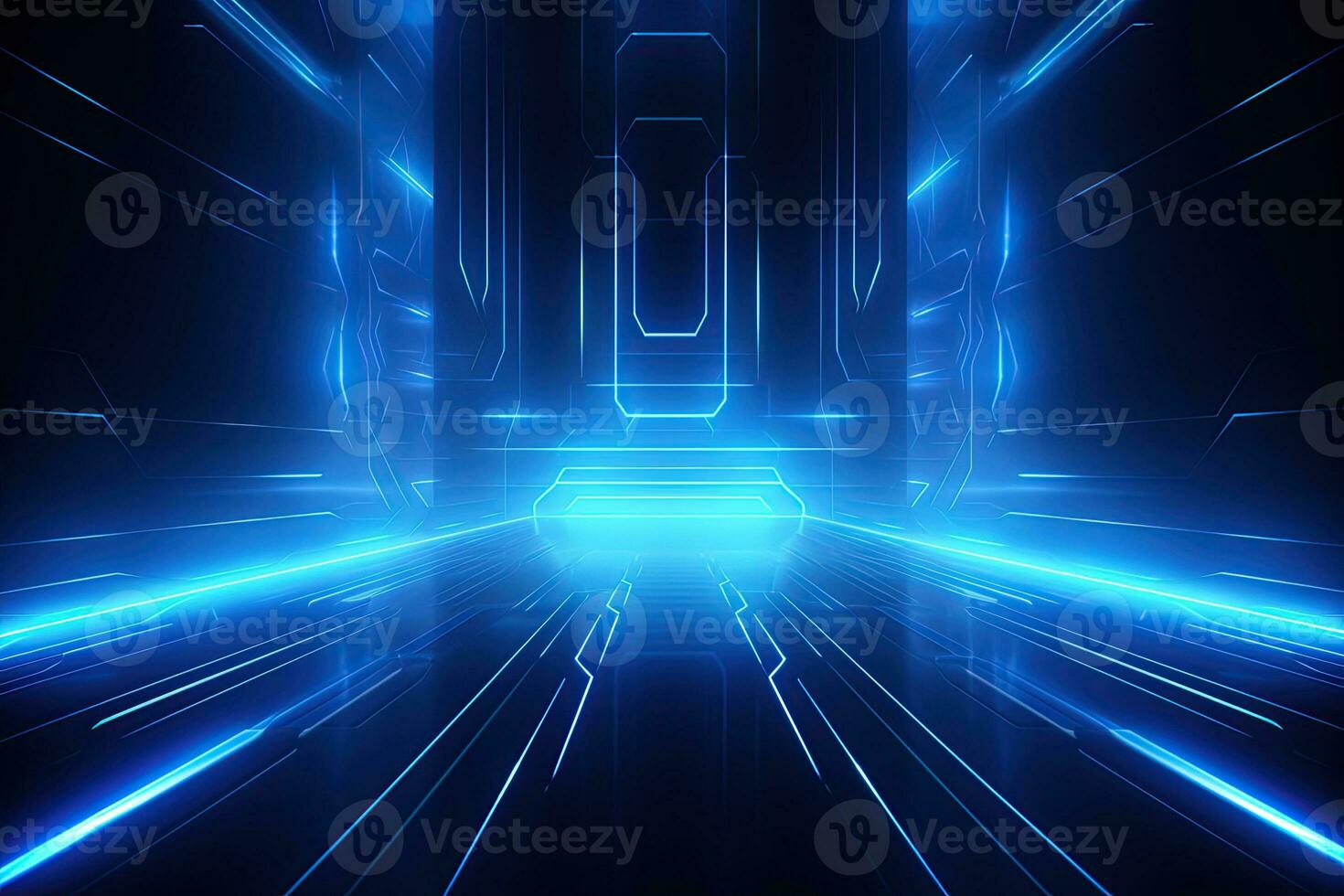 Abstract neon blue background, cyber space, parallel universe, lines, stripes, glow. AI generated photo