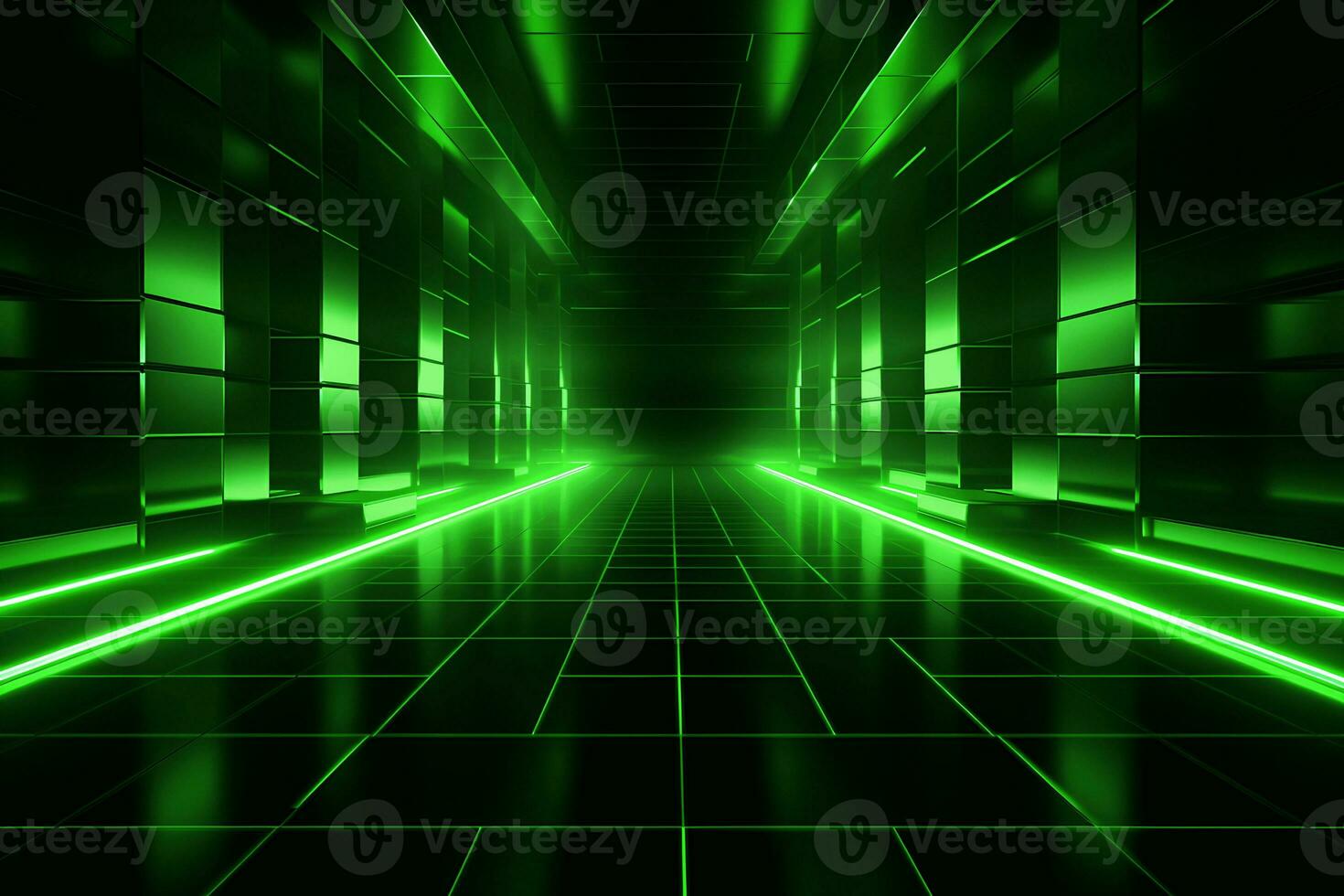 Abstract neon green background, cyber space, parallel universe, lines, stripes, glow. AI generated photo