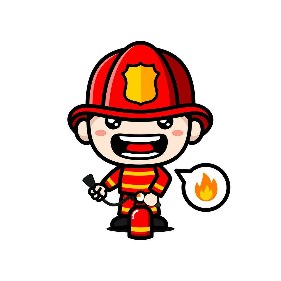 Cute Firefighter Cartoon Character With Fire Extinguisher vector