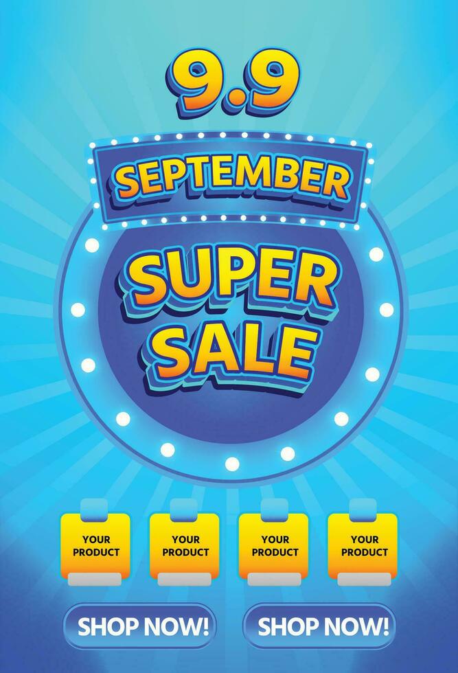 9.9 SEPTEMBER SUPER SALE DISCOUNT CASHBACK PROMO 3D TEXT EDITABLE vector