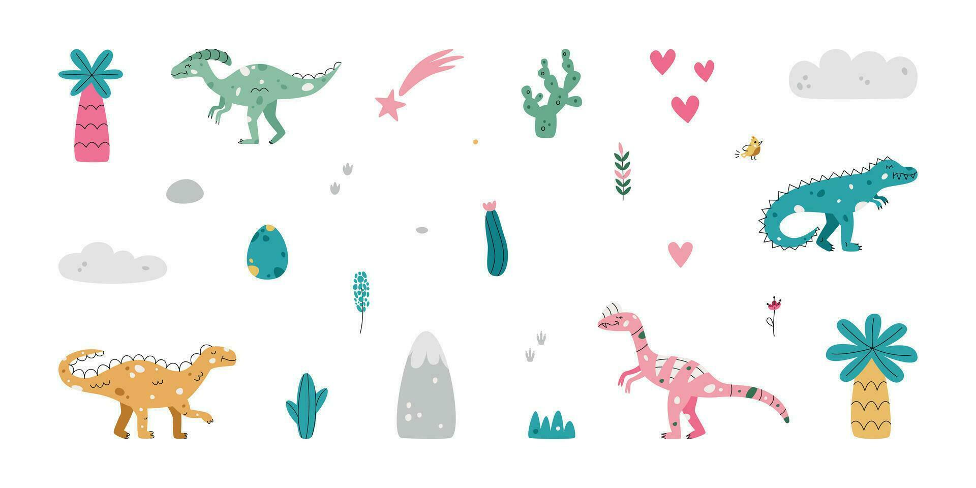Flat hand drawn vector illustrations of prehistoric era