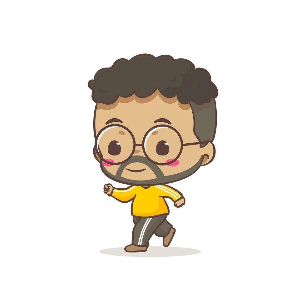 linda padre trotar dibujos animados personaje. africano hombre vistiendo lentes concepto diseño. plano chibi dibujos animados estilo. vector Arte ilustración. aislado blanco antecedentes