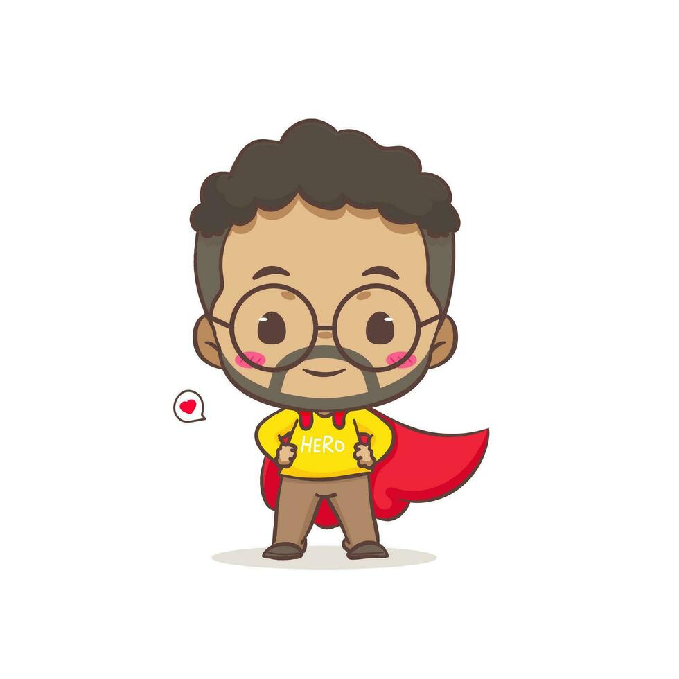 linda padre como héroe con rojo capa dibujos animados personaje. africano hombre vistiendo lentes concepto diseño. plano chibi dibujos animados estilo. vector Arte ilustración. aislado blanco antecedentes