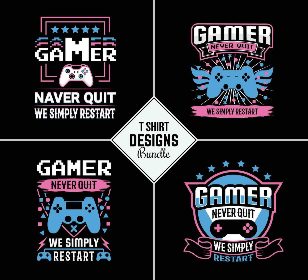 Vintage gaming t shirt design bundle set with creative motivation quote and vector shape