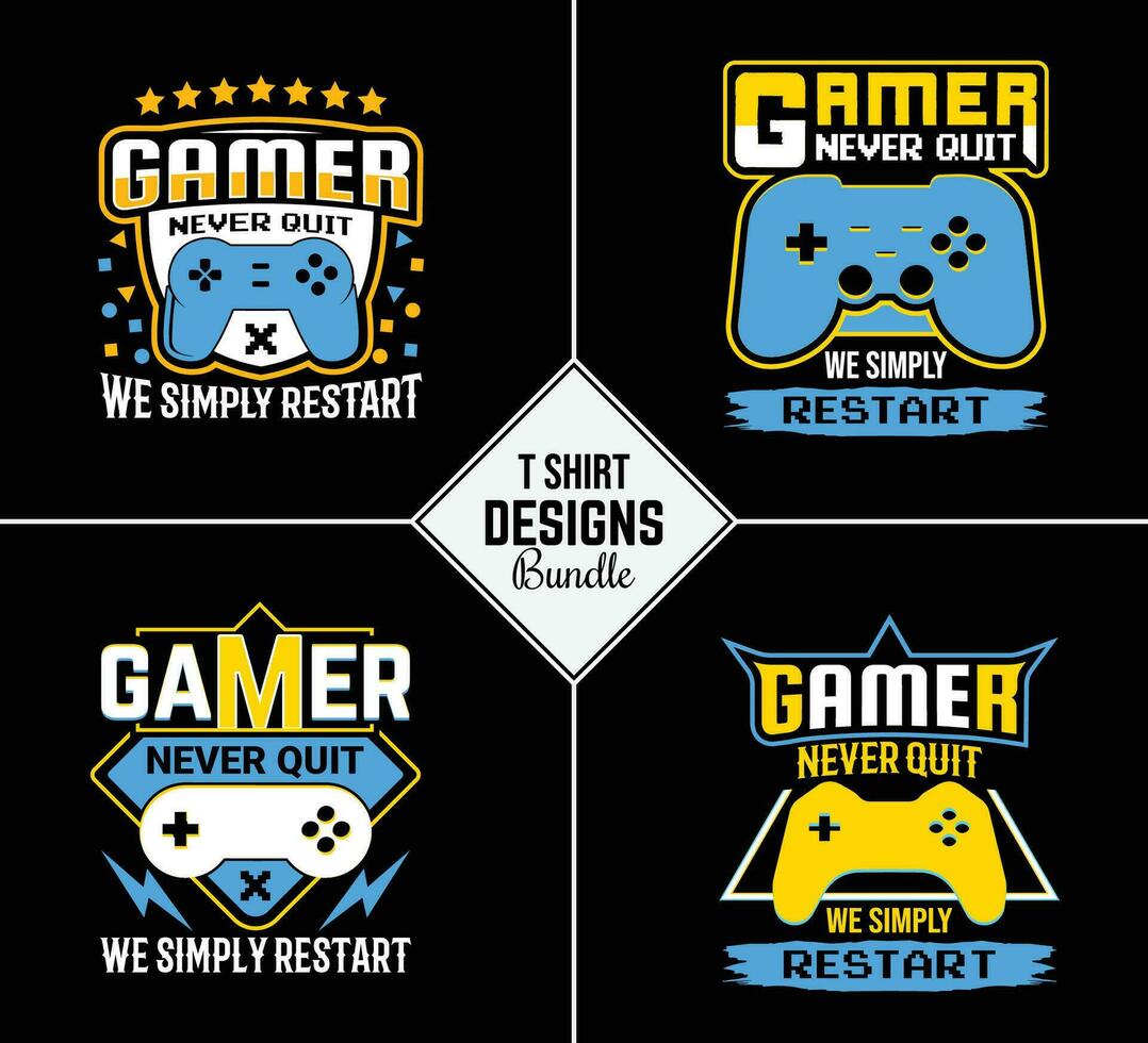 Vintage gaming t shirt design bundle set with creative motivation quote and vector shape