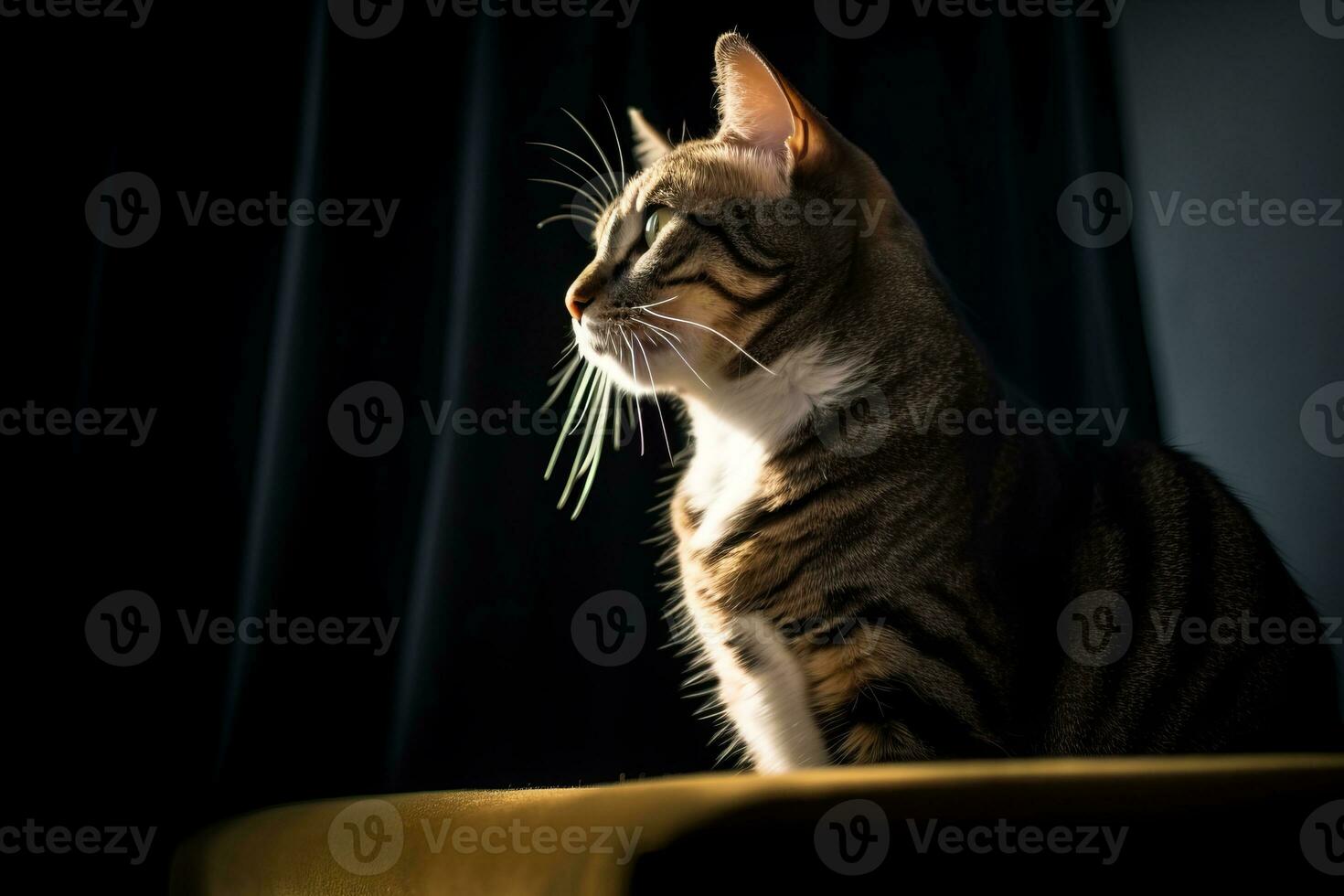 a cat sitting on top of a chair in the dark generative AI photo
