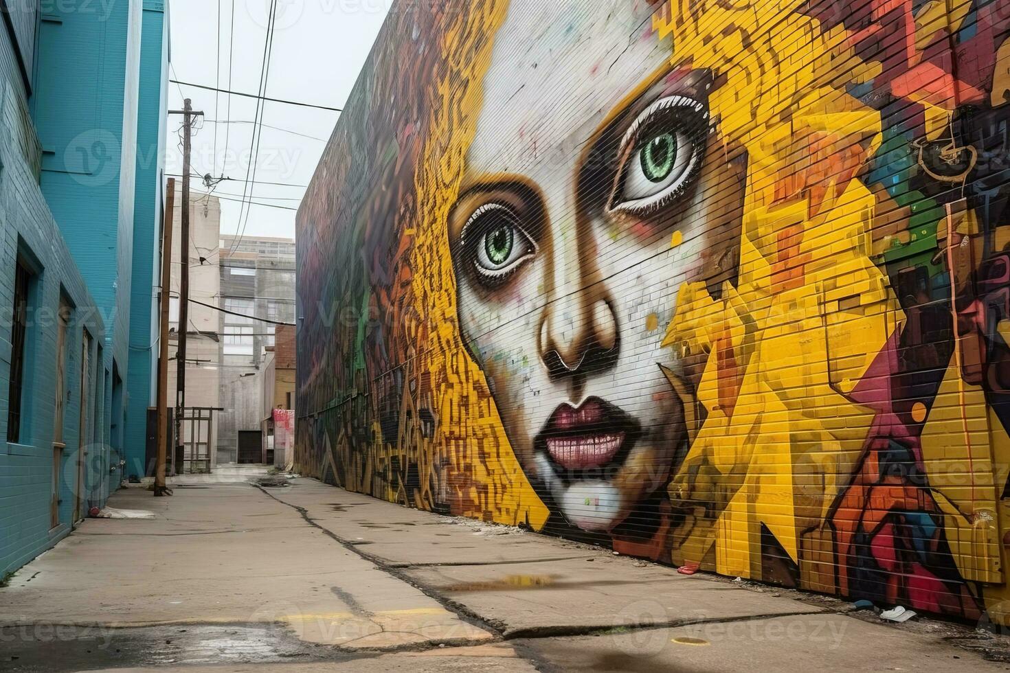 a colorful wall with a womans face painted on it generative AI photo
