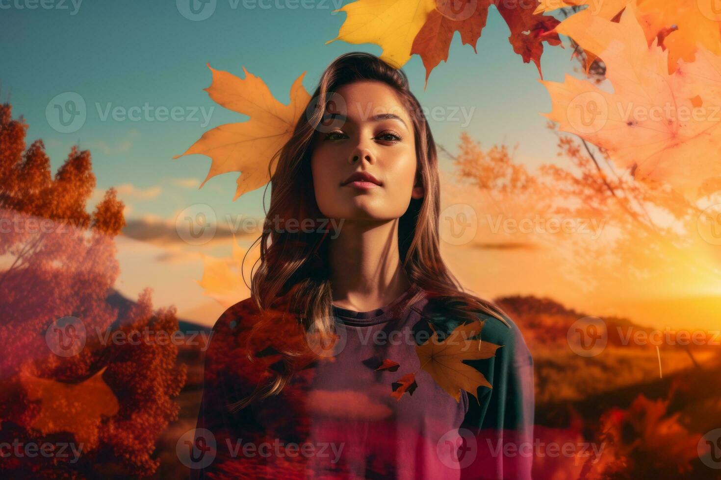 a beautiful woman is surrounded by autumn leaves generative AI photo