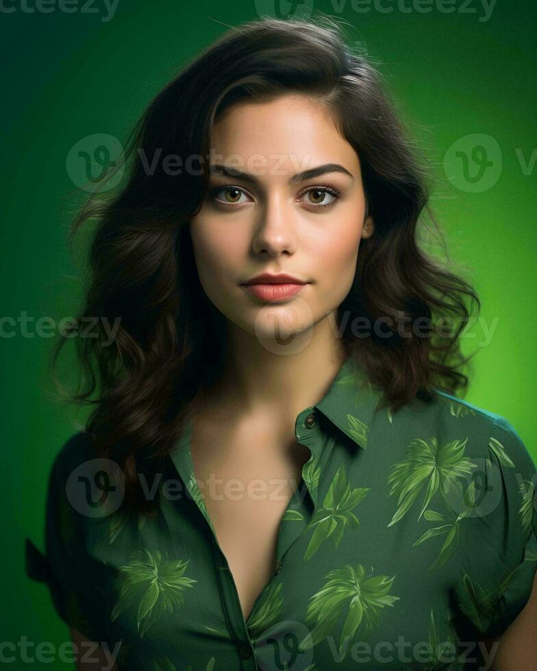 a beautiful young woman in a green shirt generative AI photo