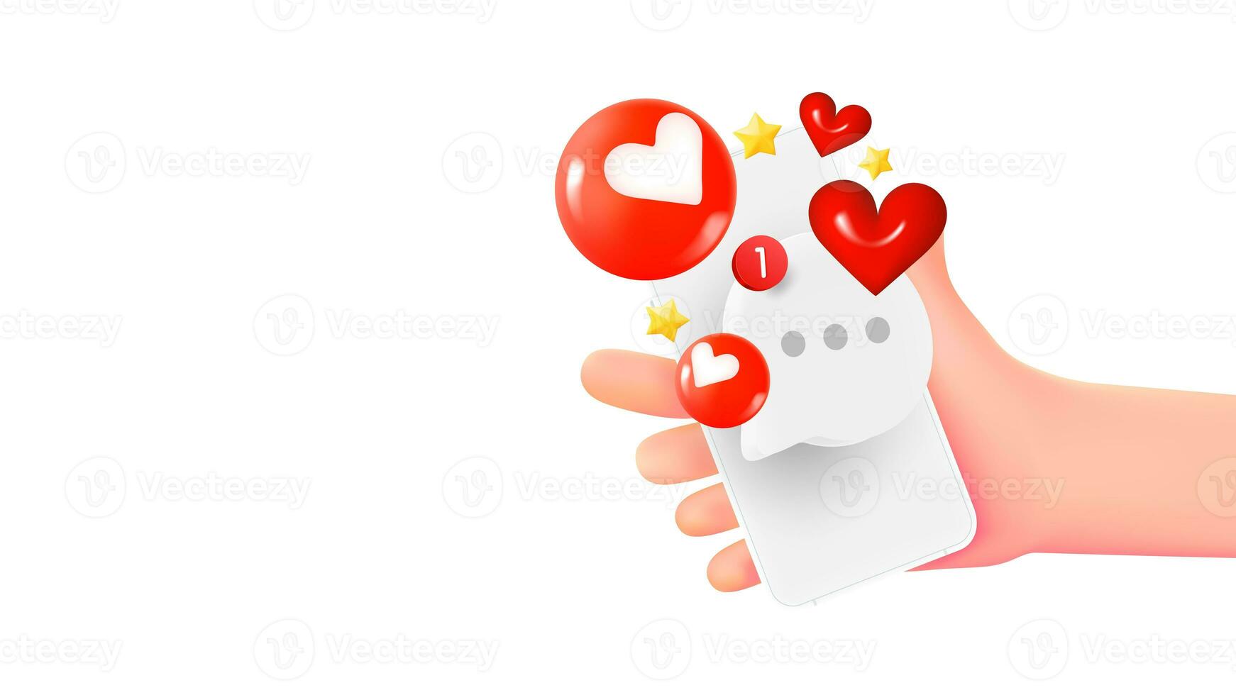 Man holding smartphone with social media emojis. 3d banner with copy space photo