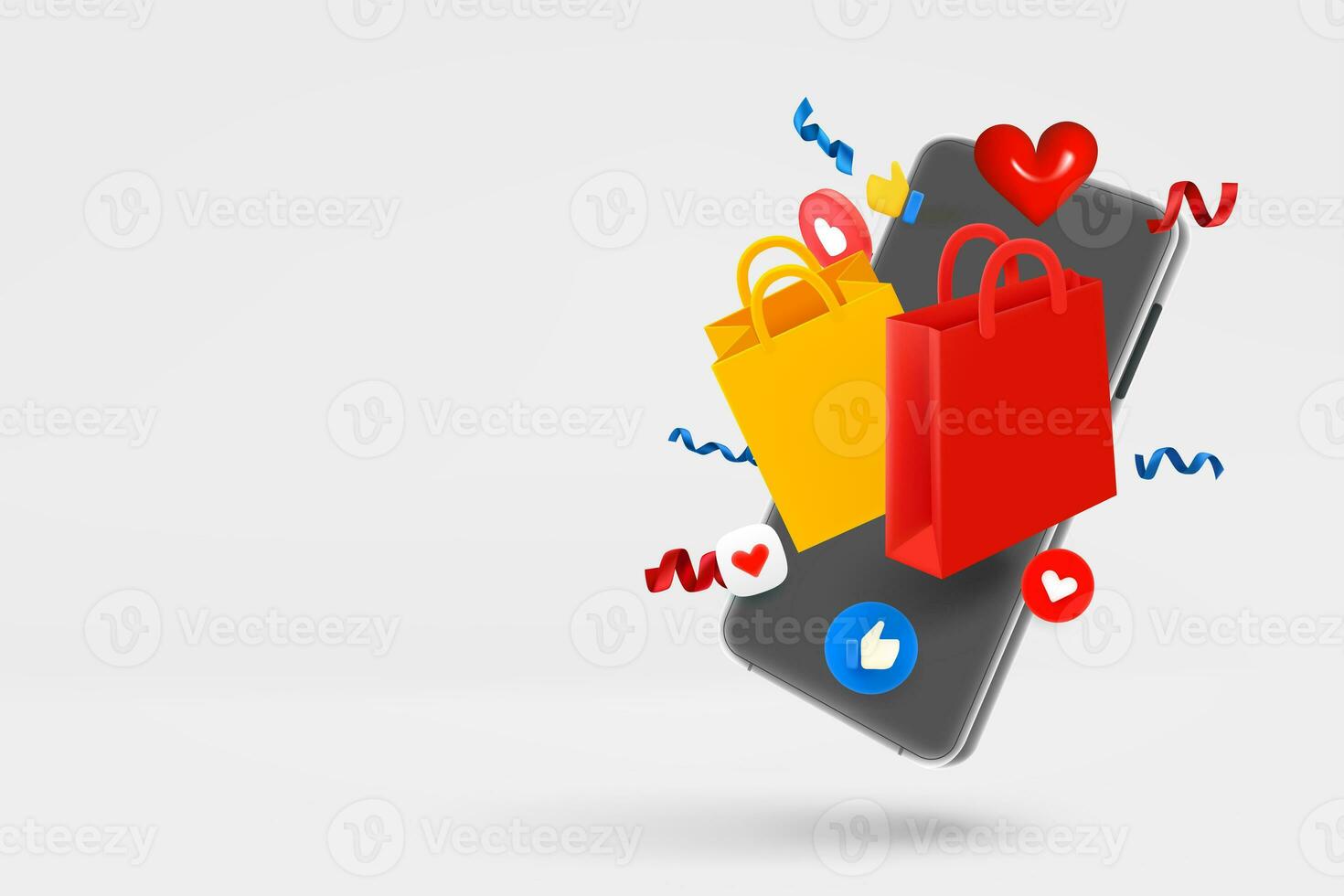 Modern smartphone with social media mobile icons and shopping bags. 3d vector banner with copy space photo