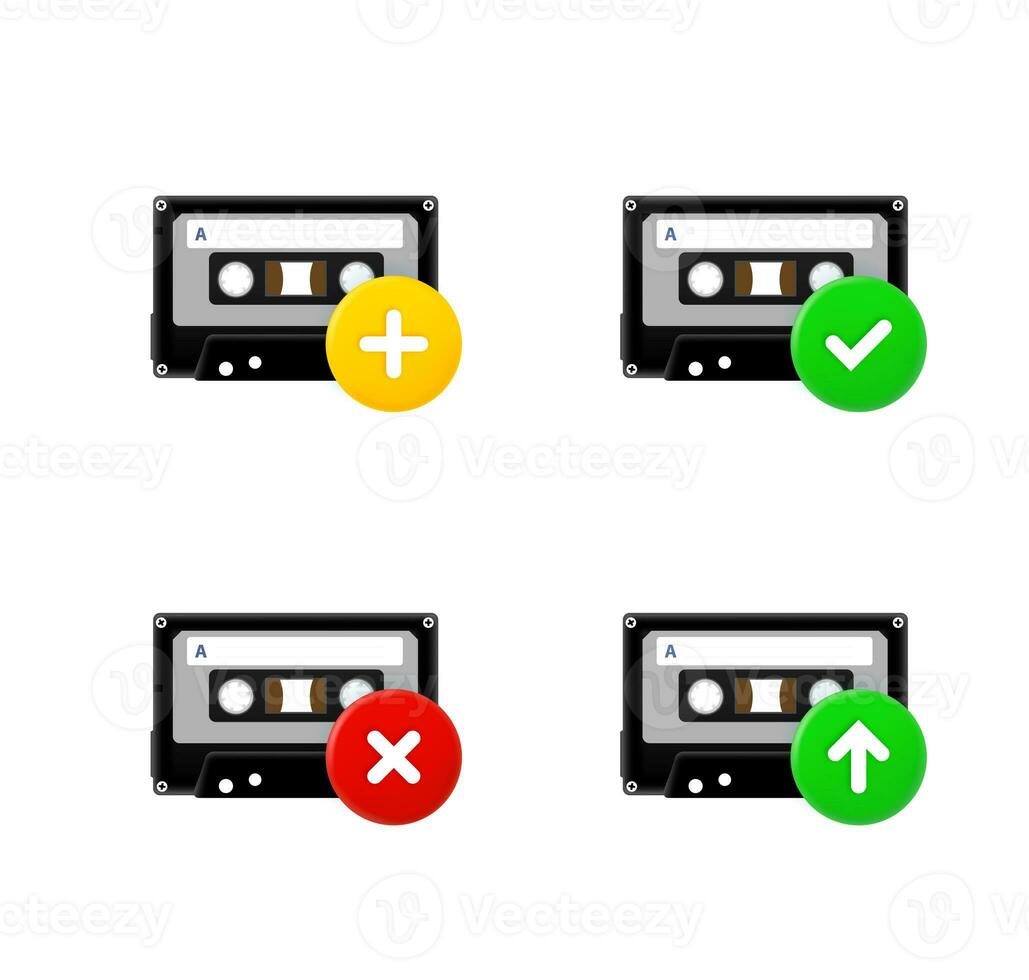 Cassette icons set with different pictograms. 3d vector icons set photo