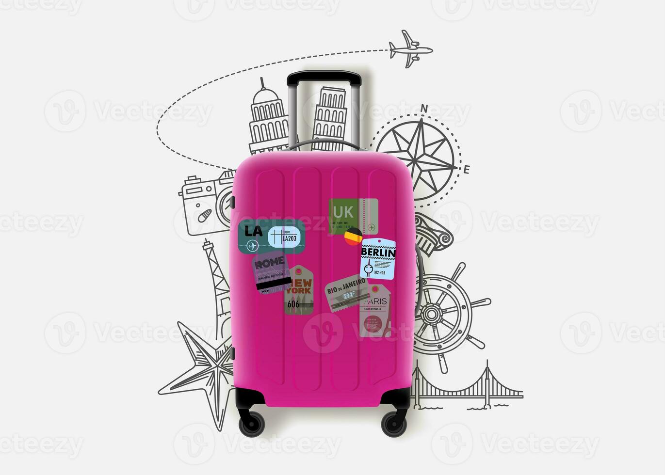 World travel concept with suitcase and doodle elements. Vector 3d illustration photo