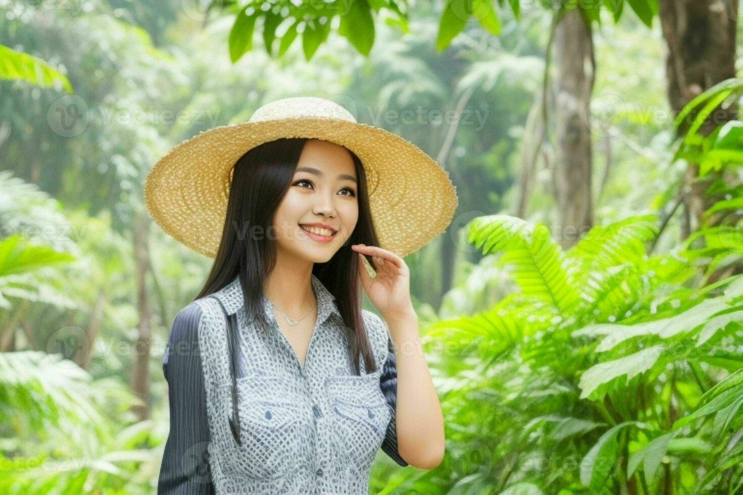 mujer sonrisa y disfrutar a naturaleza foto