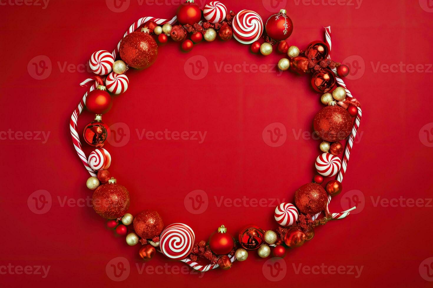 Christmas wreath with candy canes and red baubles on red background photo