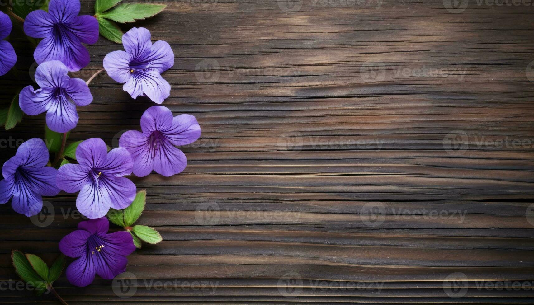 Violeta flores en de madera antecedentes. parte superior ver con Copiar espacio. foto