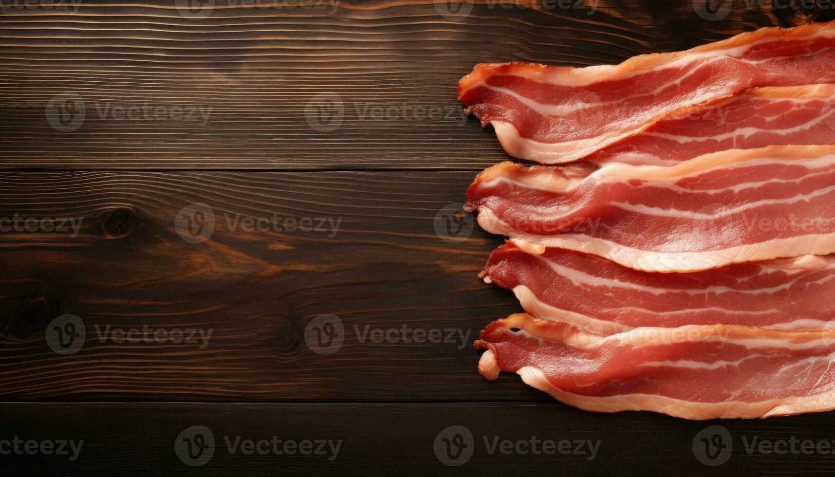 Slices of bacon on wooden table, top view. Space for text photo