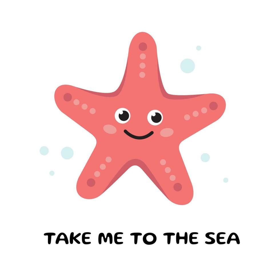 Cute cartoon Starfish. Postcard with Sea star character. Vector illustration of sea star. Kids illustration in cartoon style. Sea animal, sea creature. Kids illustration in cartoon style. Flat design.