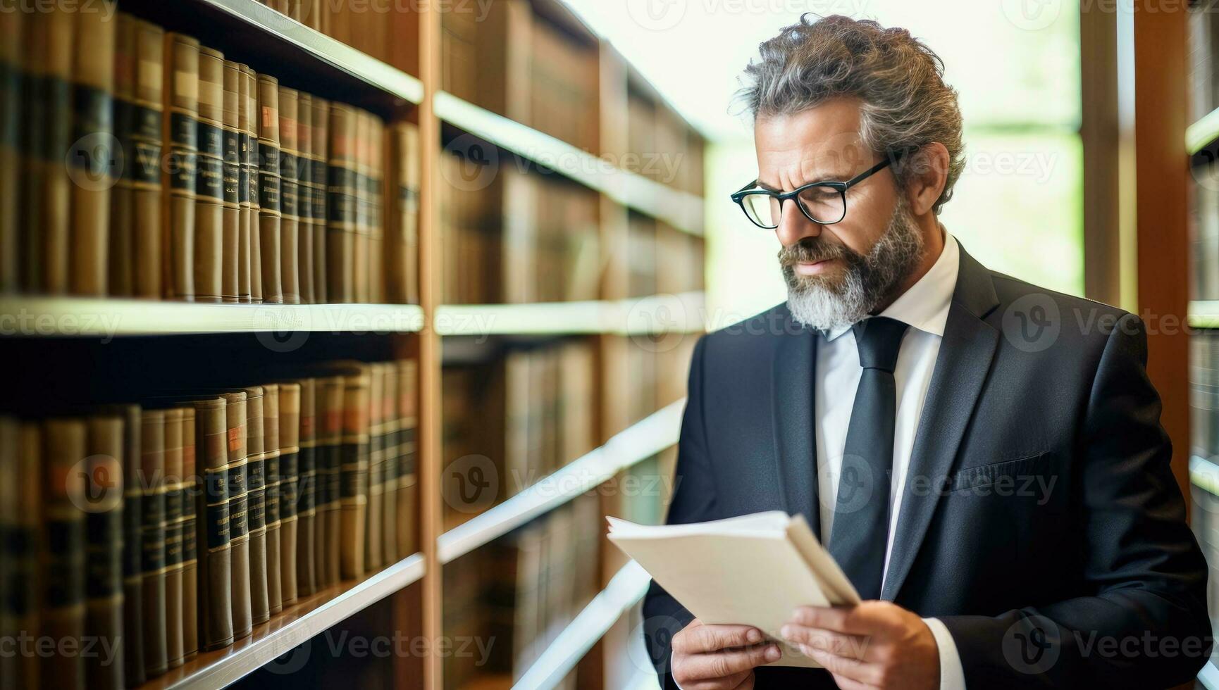 Serious mature man in eyeglasses reading a book in library photo
