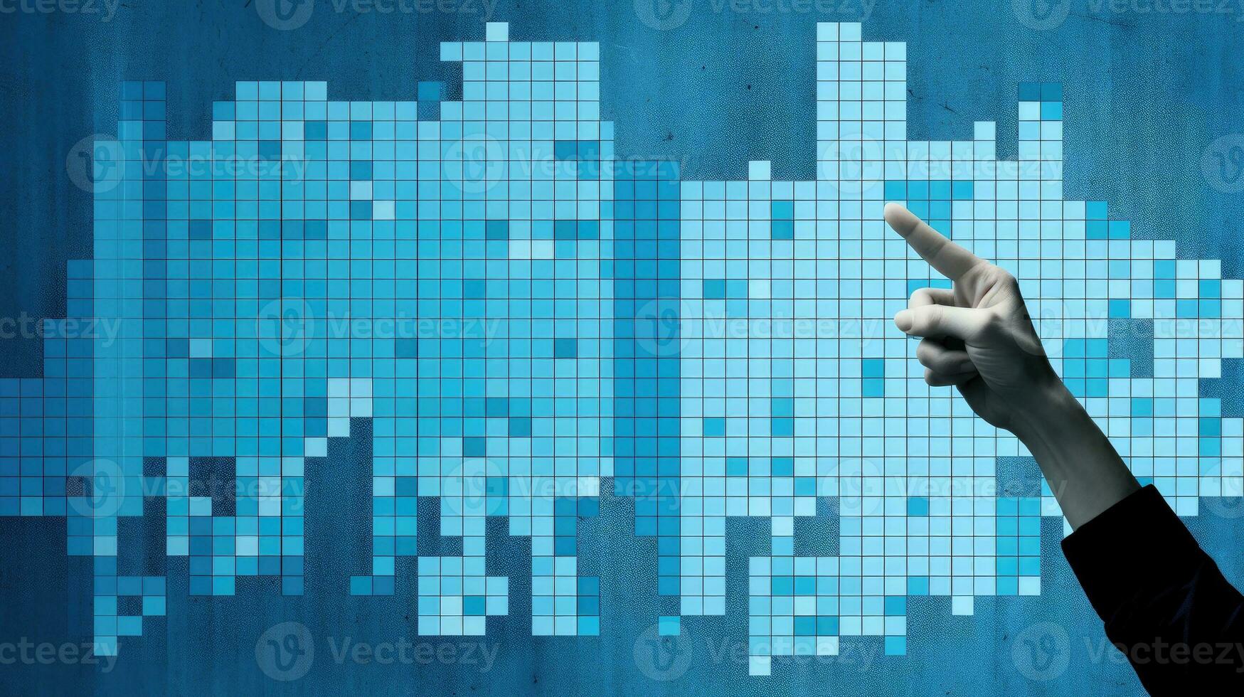 Close up of businessman hand pointing at business graph on blue wall background photo