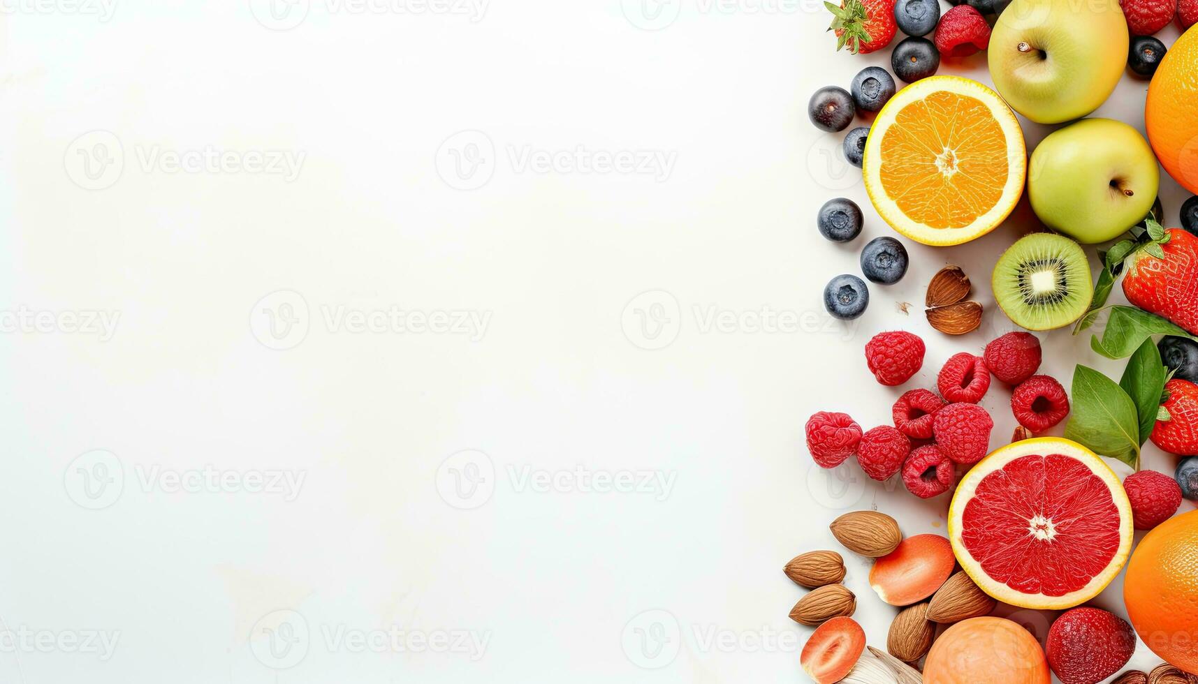 frutas y bayas en blanco antecedentes. parte superior ver con Copiar espacio foto