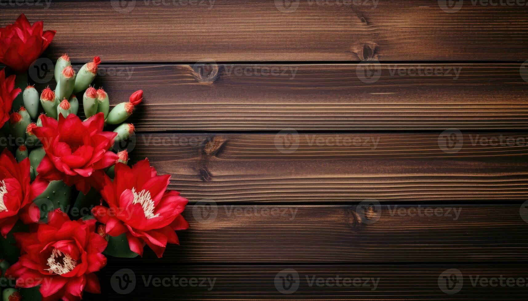 hermosa rojo cactus flor en de madera antecedentes con Copiar espacio. foto