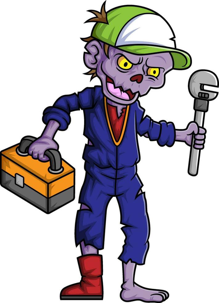 Spooky zombie plumber cartoon character on white background vector