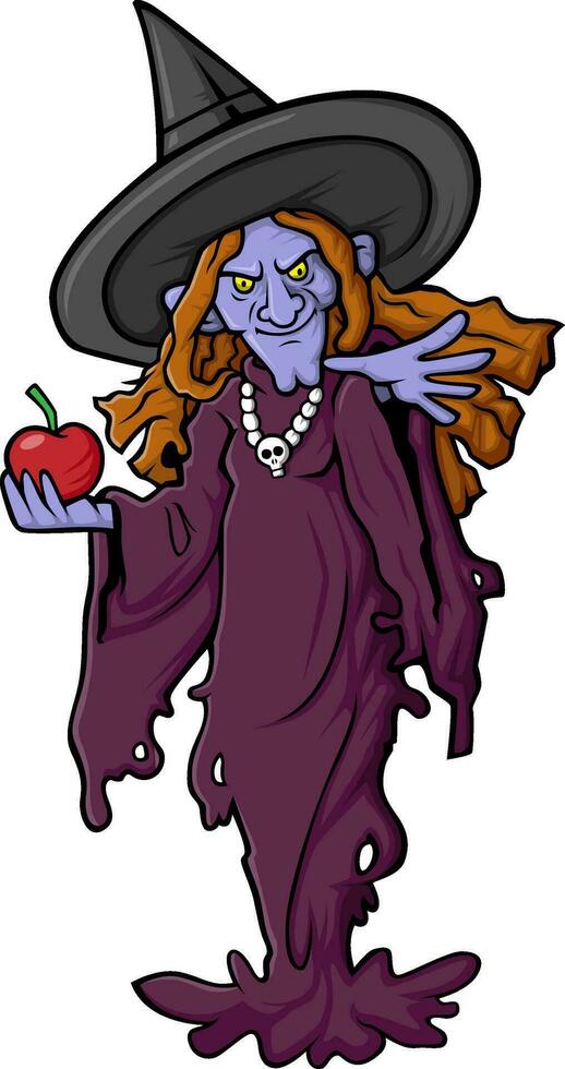 Cartoon spooky witch holding an apple isolated on white background vector
