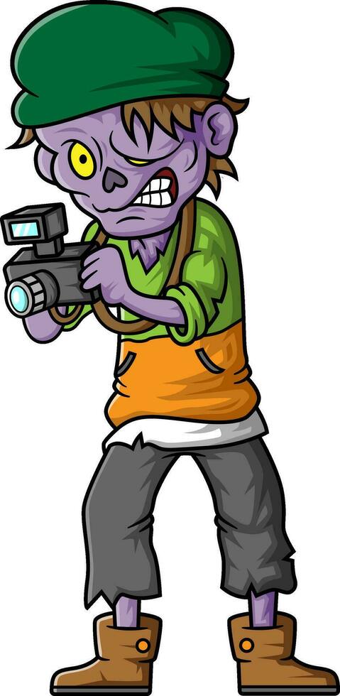 Spooky zombie photographer cartoon character on white background vector