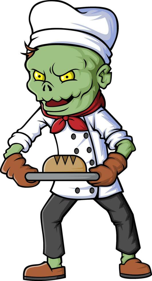 Spooky zombie chef cartoon character on white background vector