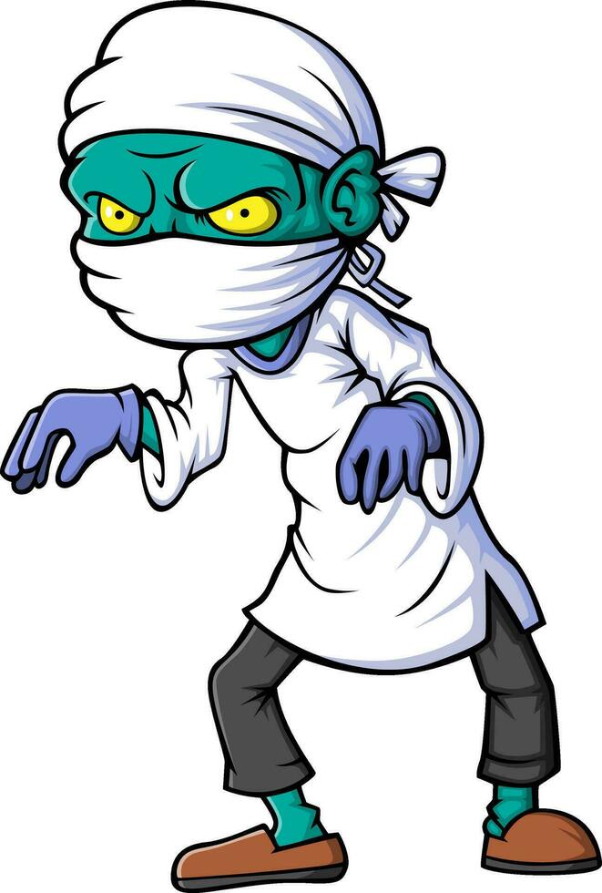 Spooky zombie doctor cartoon character on white background vector