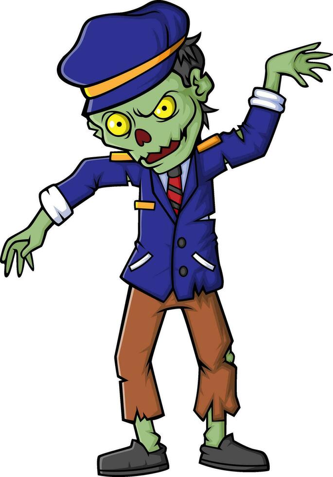 Spooky zombie pilot cartoon character on white background vector