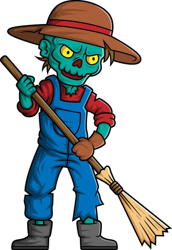 Spooky zombie gardener cartoon character on white background vector