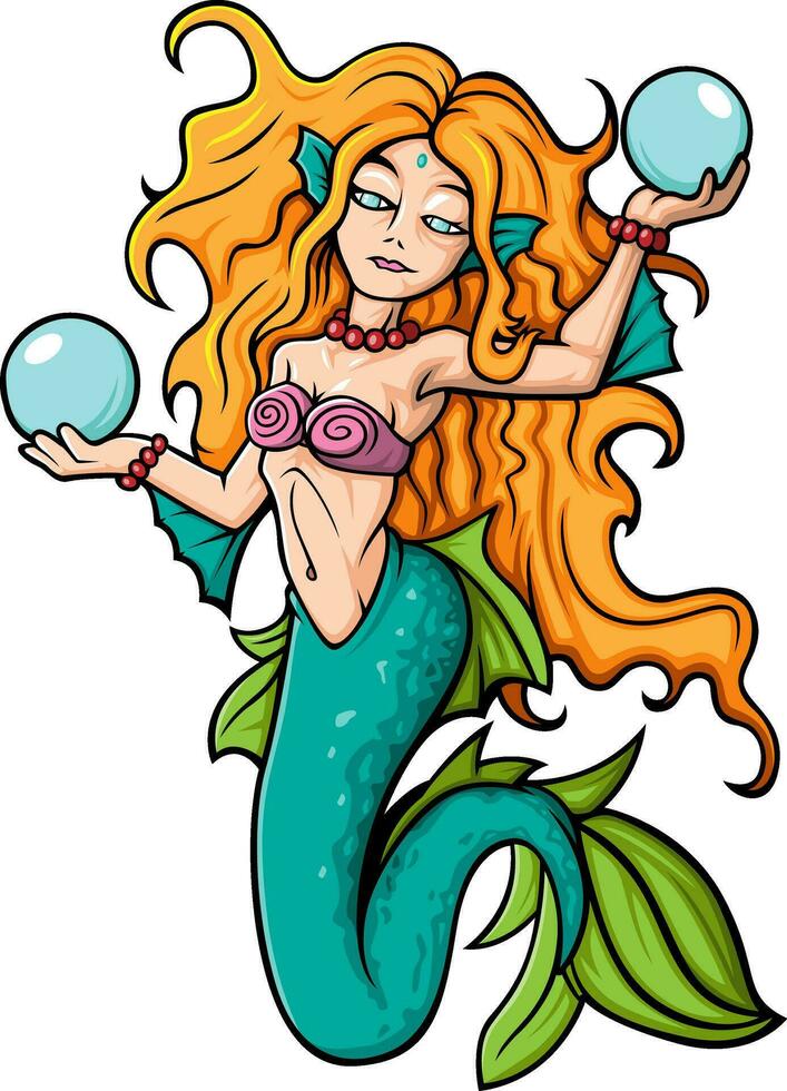 Cartoon mermaid holding a magic ball isolated on white background vector