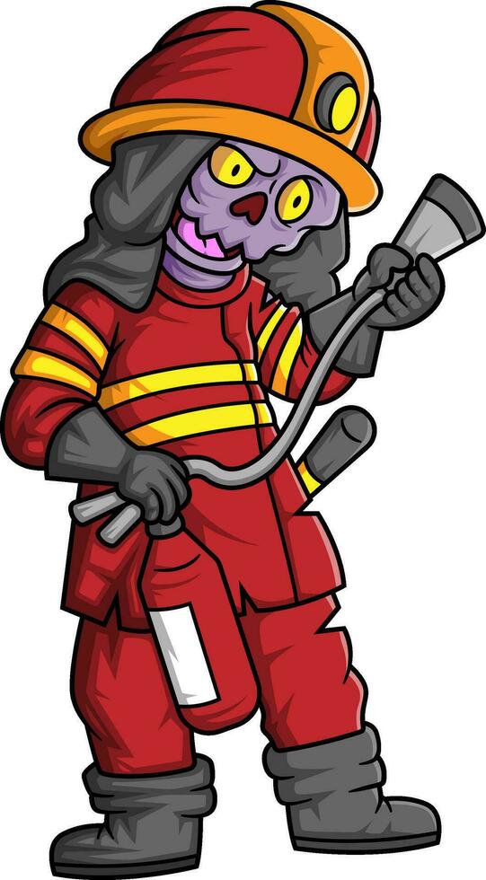 Spooky zombie firefighting cartoon character on white background vector